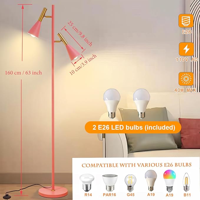 Modern Floor Lamp with 2 Adjustable Head Tall Pole Uplight for Living Room, Bedroom, Office,Pink and Gold Corner Light for Reading (Pink and Gold)