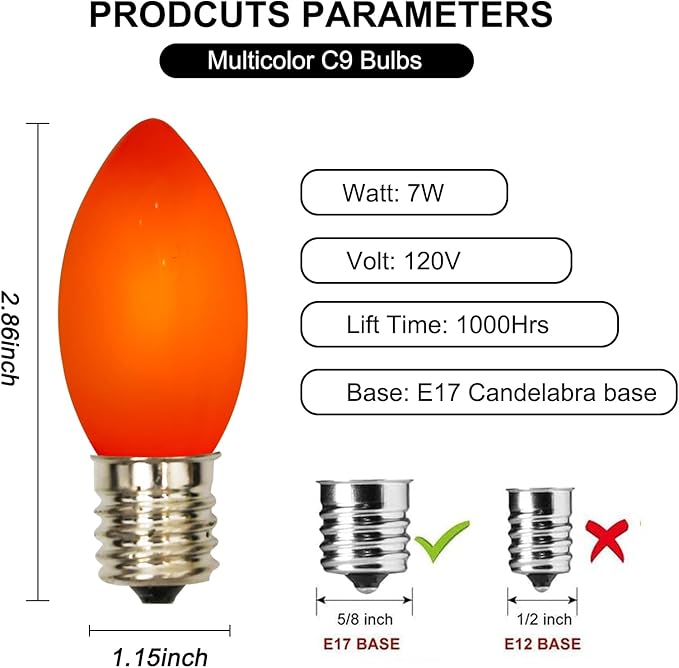 C9 Ceramic Christmas Replacment Bulbs, 25 Pack Multicolor Light Bulbs for E17 Candelabra Base Outdoor/Indoor String Lights, 7 Watt