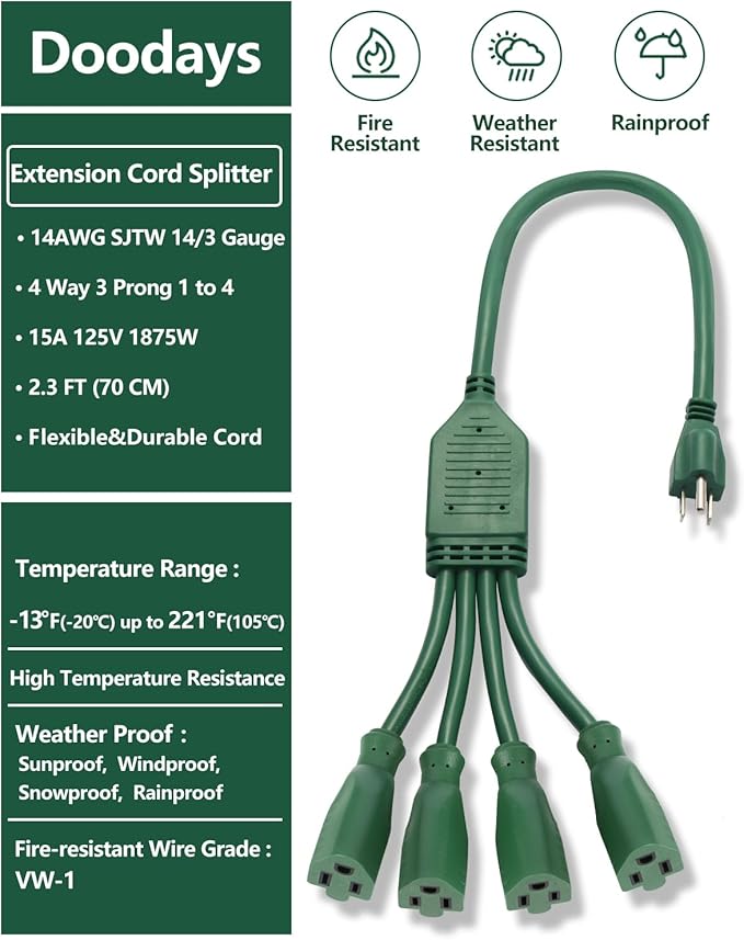 Extension Cord Splitter,4 Plug Splitter,14AWG SJTW 15A 1875W 14/3-Gauge 2.3FT Power Splitter, 4 Way 3 Prong 1 to 4 Plug Power Cord Splitter, Heavy Duty Cable, Green, for Indoor or Outdoor Use.