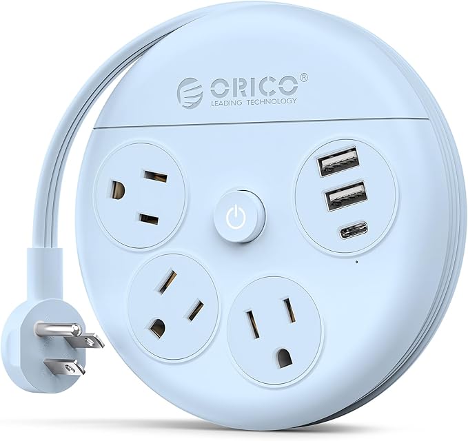 ORICO Travel Power Strip, 4Ft Flat Plug Extension Cord with 3 AC Outlets and 2 USB-A and 1 USB-C Charging Ports, Non-Surge Protector, Travel Essential for Cruise/Home/Office, Blue-OR