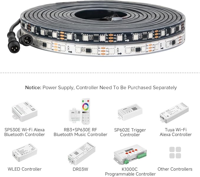 BTF-LIGHTING IP68 Waterproof Outdoor WS2811 RGB IC LED Strip Addressable Dream Color Flexible 5050SMD Light DC12V 16.4ft 60LEDs/m 20Pixels/m Can Work Outdoor Black PCB(No Adapter or Controller)