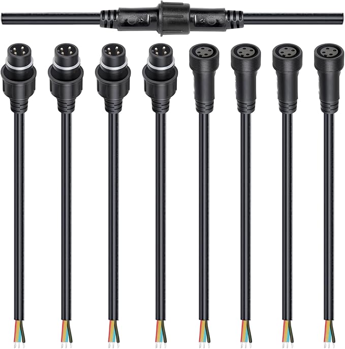 MAD OWL 4-Pin Waterproof LED Wire Connector Kit, 18 AWG 11inch/28cm Male Female Connectors with Tin Plated Joint for Various Waterproof Wires DIY (4 Set Black)