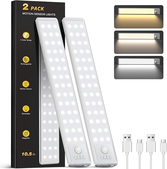 Under Cabinet Lighting with 3 Color Temps - 10.5" Motion Sensor Light Indoor, Magnetic Wireless Closet Lights, Dimmable Led Light, Rechargeable Under Counter Lights for Kitchen, Bedroom, Stair, 2 Pack