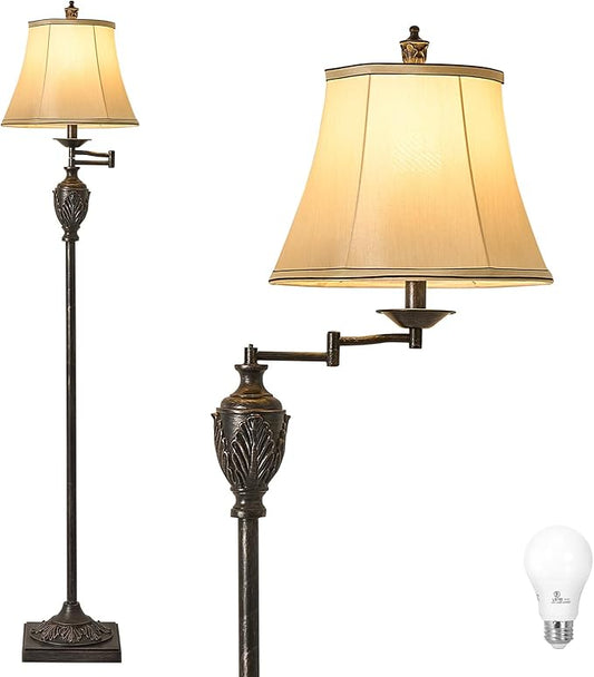 Traditional LED Floor Lamp with 350° Adjustable Swing Arm Lamp – Vintage Standing Pole lamp for Living Room, Bedroom and Office – Rustic Upright Floor Light for Home Décor with Faux Silk Fabric Shade