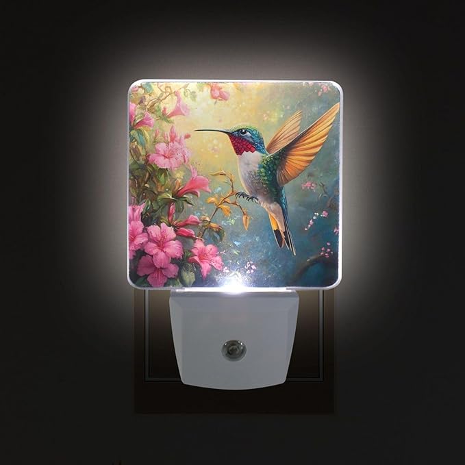 Spring Hummingbird Flowers Night Light 2 Pack Dusk to Dawn Sensor Led Lamp for Women Men Night Lights Plug into Wall Decor for Bedroom Kitchen Corridor, 0.5W