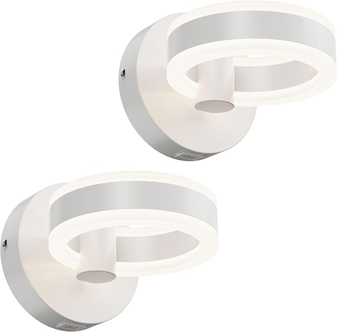 Wall Lamp LED Wall Sconce Rotatable Up-Down Sconces Wall Lighting with Built-in Switch and USB Charging Port 110 Volt AC Hardwired Wall Light (White,2 Pack)