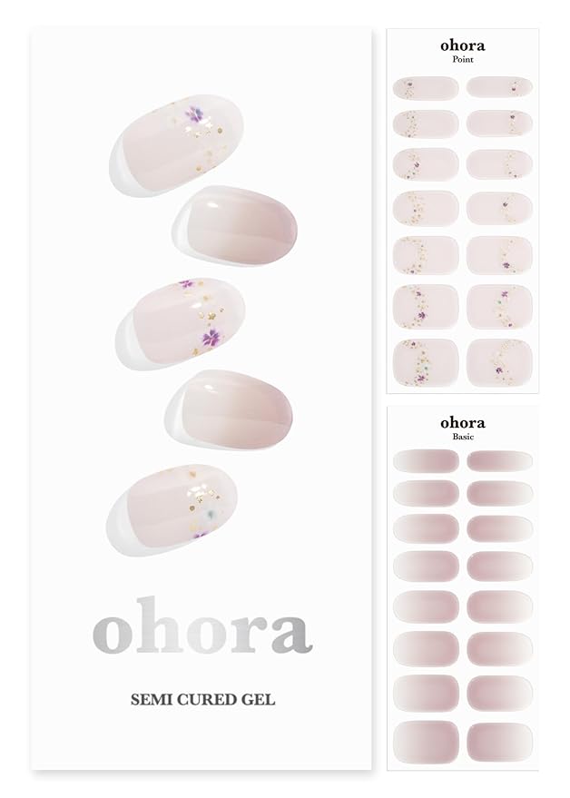 ohora Semi Cured Gel Nail Strips (N Floral Serenity) - Nude, Ombre, Works with Any UV/LED Lamps, Salon-Quality, Long Lasting, Easy to Apply & Remove - Includes 2 Prep Pads, Nail File & Wooden Stick