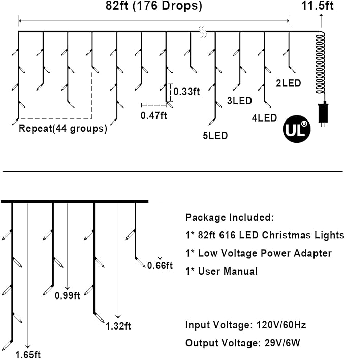 82 FT Outdoor Christmas Lights with 176 Drops, Christmas Decorations Fairy Lights 616 LED 8 Modes, Plug in Waterproof Hanging String Lights for Home Xmas Tree Yard Wedding Party Cool White