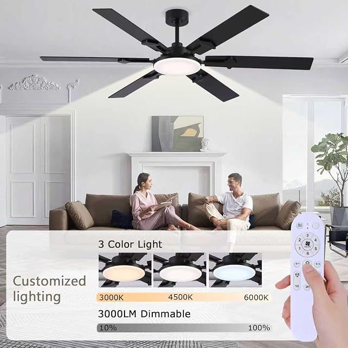 66 Inch Large Ceiling Fans with Lights and Remote, Black Modern Indoor/Outdoor Ceiling Fan for Living Room Kitchen Patio, 6 Speed Reversible DC Motor, 3 CCT Lighting, Dual Finish 6 Blades