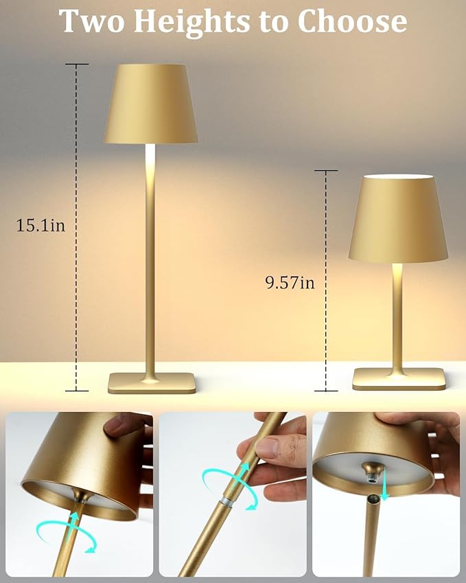 Cordless Table Lamp, 6000mAh Battery Operated, 250LM Adjustable Brightness IP65 Height Adjustable - Set of 2 Gold Wireless Lamps for Restaurant Patio Bedside Outdoor Cafe & Home Decor