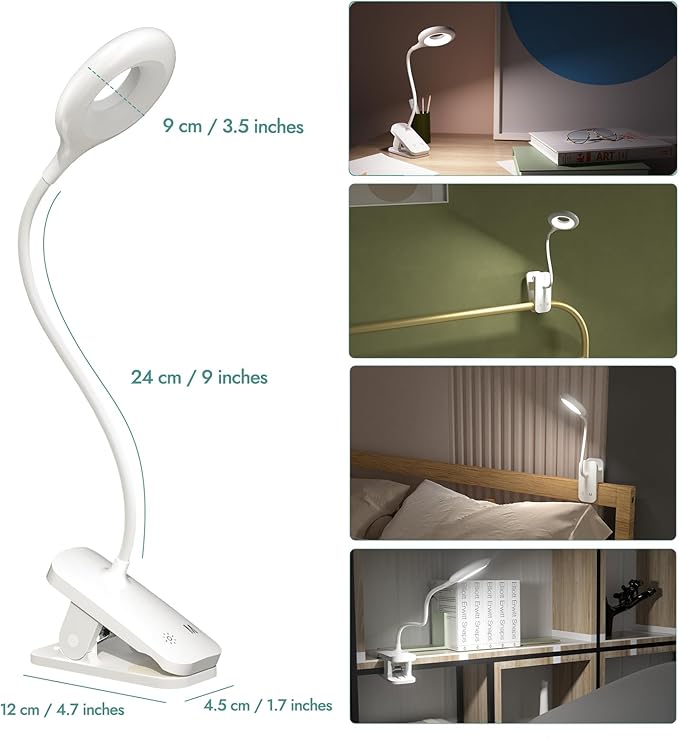 CUHIOY Clip on Reading Light for Bed Headboard, Rechargeable Battery Clamp on Bunk Bed Light, 5 Colors 5 Brightness Flexible Neck Desk Lamp, Eye Protect LED Touch Control Book Lights at Night for Kids