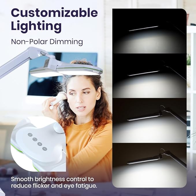 Neatfi Elite HD XL LED Desk Lamp, 3 Light Modes, 90PCS SMD LED, Non-Polar Dimming, Bright Eye-Caring Lighting for Home Office, Drafting, Beauty Shop, Workbench (CCT with Clamp, Green Ring, 17 Inches)