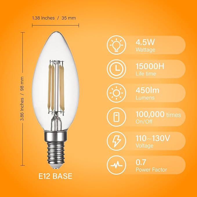 LED Candelabra Bulb, E12 Chandelier Light Bulbs, B11 Candle Light Bulbs, 4.5W Dimmable 450LM(60W eq.) Clear Glass 2700K Soft White, 90+CRI (6 Pack)