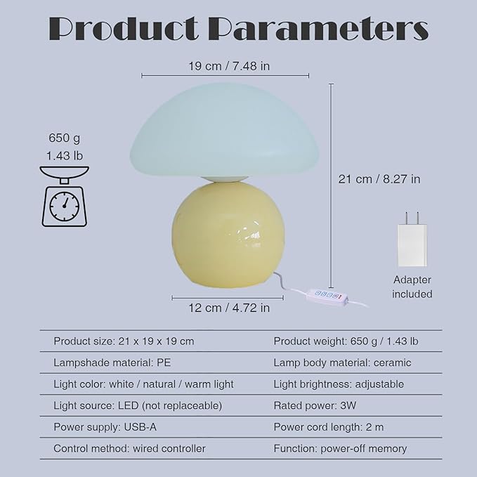 Cute Small Mushroom Lamp, PE Lampshade, Ceramic Base, Adjustable Light Color and Brightness with Power-Off Memory, Safe USB Powered, LED Mushroom Light for Bedroom Living Room (Yellow)