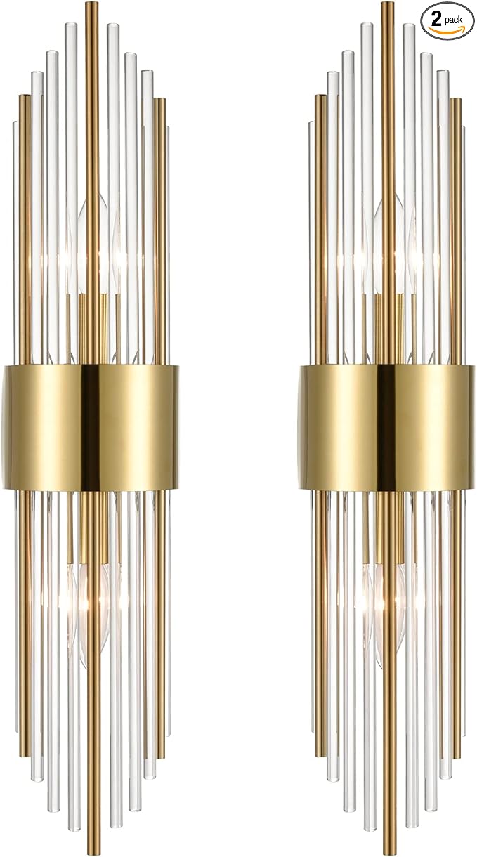 2-Light Modern Brushed Titanium Gold Wall Sconce with Clear Glass Crystal Luxury Wall Light Fixtures for Bedroom Living Room Bathroom Vanity Mirror Light Fixtures Set of 2