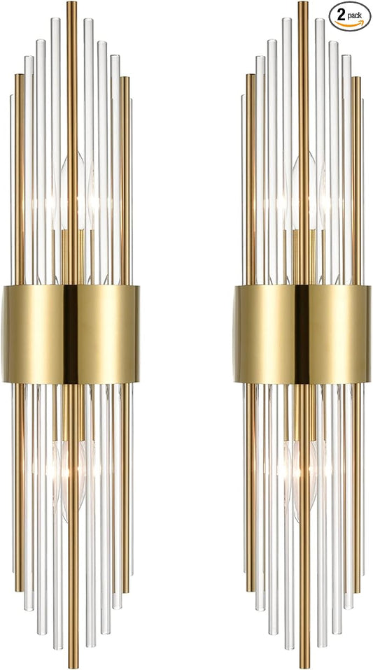 2-Light Modern Brushed Titanium Gold Wall Sconce with Clear Glass Crystal Luxury Wall Light Fixtures for Bedroom Living Room Bathroom Vanity Mirror Light Fixtures Set of 2