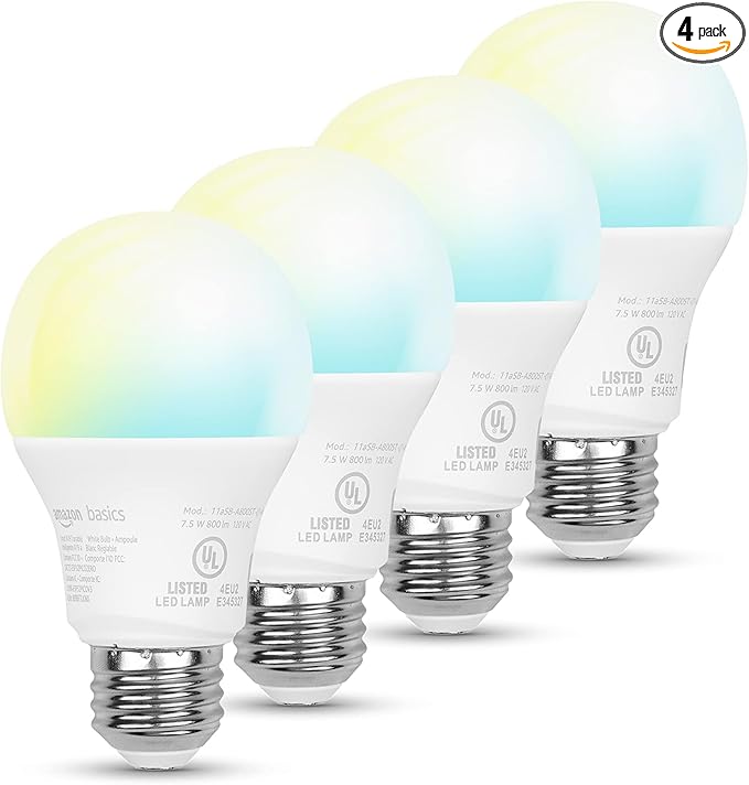 Amazon Basics Smart Indoor LED Light Bulb, Sunset-to-Midnight Activated, Works with Alexa Only, Tunable White, 7.5 W, 4-Pack