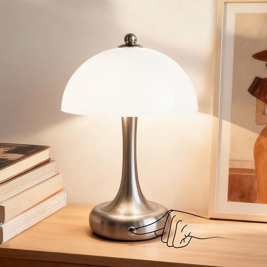 Rechargeable Cordless Table Lamp, Mushroom Touch Lamp with 3-Way Dimmable Control, 3000mAh Battery Powered LED Desk Lamp, Small Bedside Lamp for Bedroom, USB Charging, Home & Office Decor, Silver