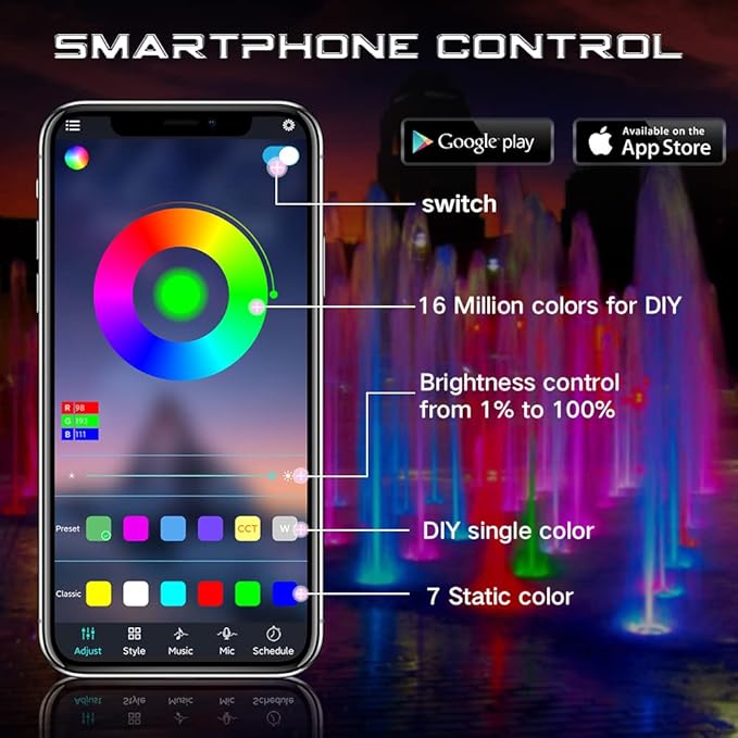 10W 12V 16 Million Colors LED Pond Light- 900LM IP68 Waterproof Outdoor Landscape Light with APP Control and 98.4-Inch Adapter for Landscape Fish Tank Pond Swimming Fountain Garden