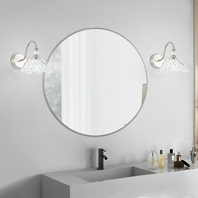 1 Piece Brushed Nickel Wall Sconce with Floral Clear Glass Shade, Brushed Nickel Finish Wall Mount Lighting for Bathroom, Modern Bathroom Vanity Light Fixture