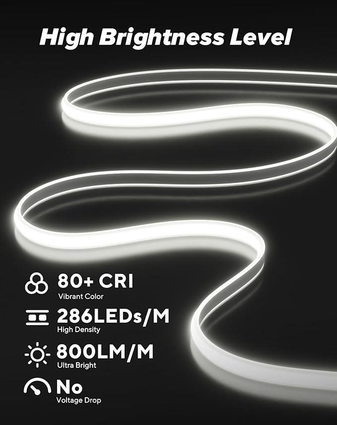 Shine Decor COB LED Rope Light AC 120V, 800lm Ultra Bright, IP65 Waterproof Cold-Resistant ETL Neon Strip, No Driver Tape Lighting for Home Commercial 10x4.5mm, 6000K Cool White, 16.4ft