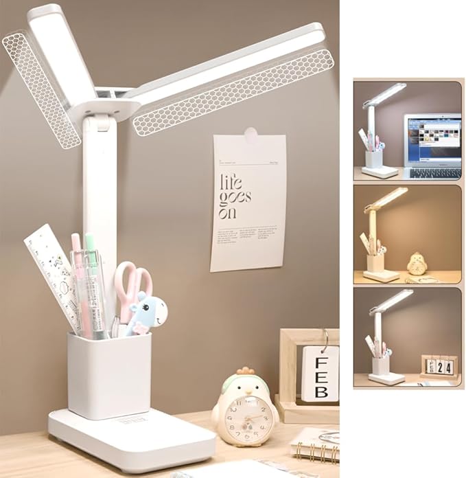 Rechargeable Desk Lamp, Small Desk Light with 3 Color Temperatures & Stepless Dimming, Battery Powered Table Lamp for Home Office, Eye-Caring Study Lamp with USB-C Charging Port (FOLD-699ADUAL)