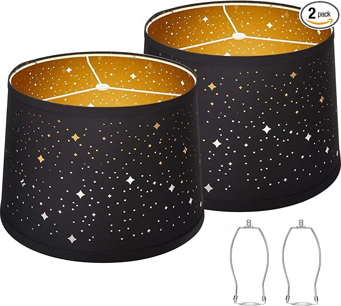 Black Lampshades Set of 2, Drum Lamp Shades with Sky Stars Design, 11.6" x 12.6" x 9.8" Inches Medium Lampshades for Table Lamp, Floor Lamp, Pendant Light, Harp Holders Included, Easy Assembly