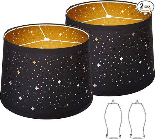 Black Lampshades Set of 2, Drum Lamp Shades with Sky Stars Design, 11.6" x 12.6" x 9.8" Inches Medium Lampshades for Table Lamp, Floor Lamp, Pendant Light, Harp Holders Included, Easy Assembly