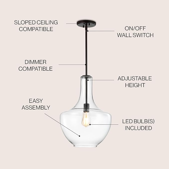 JONATHAN Y JYL6401B Watts 13.25" Glass/Metal LED Pendant Farmhouse Contemporary Transitional Dimmable Dining Room Living Room Kitchen Foyer Bedroom Hallway, Oil Rubbed Bronze/Clear