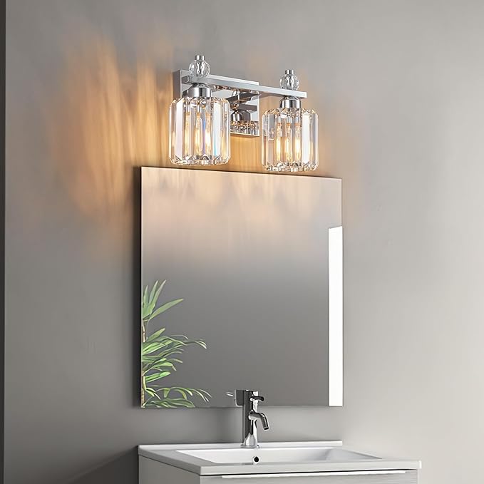 Bathroom Vanity Lights 2-Light Chrome Modern Crystal Vanity Light Fixtures Over Mirror Crystal Bathroom Vanity Lighting Fixtures