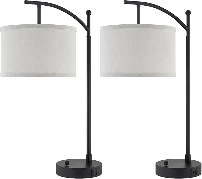 Table Lamp for Living Room Bedroom, 23.5" Table Lamps Set of 2 with USB C+A Ports, Bedside Lamps for Nightstand with Linen Lamp Shades, 2 Dimmable LED Bulbs Included, Black