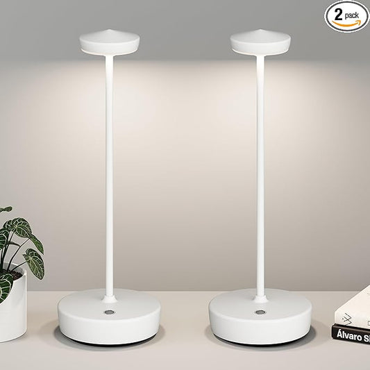 Cordless Table Lamp Rechargeable 2Pack - LED Battery Table Light with 3 Color Temperatures, Stepless Dimming, Waterproof Aluminum for Indoor Outdoor, Patio, Restaurant, Dinner (White)