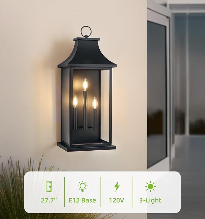 tewei 28'' Large Outdoor Wall Light, Porch Light Outdoor Wall Sconce Lantern, 3-Light Black Exterior Lighting Fixture Wall Mount, Outside Light for House Garage, 1-Pack