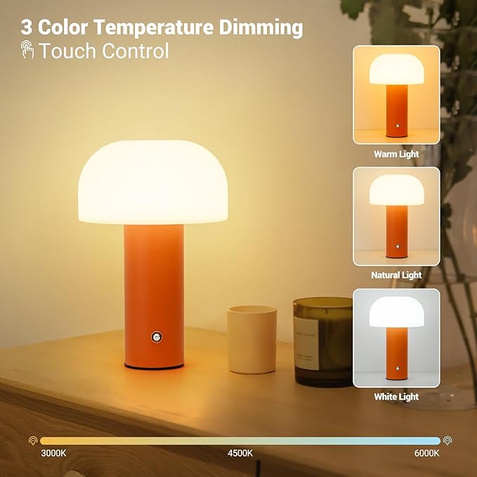 Cordless Mushroom Table Lamp Rechargeable,4000mAH Portable Battery Operated Lamp,3 Color Stepless Dimming Modern Lamps for Bedside Lamps,Touch Dimming Night Light for Home/Restaurant Orange