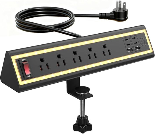 Desk Clamp Power Strip with Nightlight, 40W Fast Charging, 10FT Extension Cord, 4x20W USB-C & 2 USB Ports, 5 AC Outlets, Fits 1.69-Inch Table Edges