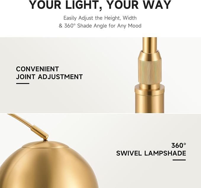 CO-Z 69" Modern Arc Floor Lamp, Gold Standing Light with Adjustable Metal Shade and Marble Base, LED Bulb Included, Contemporary Lighting for Living Room or Sofa