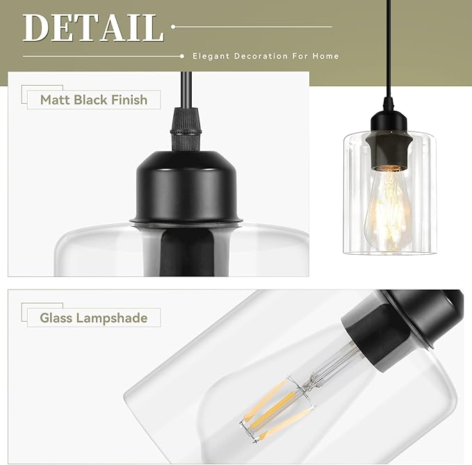 CANMEIJIA Modern Black Farmhouse Pendant Light with Glass Shade, Industrial Pendant Lighting, Island Lights for Kitchen, Modern Hanging Light Fixtures for Kitchen Island Decor (Black 2 Pack)