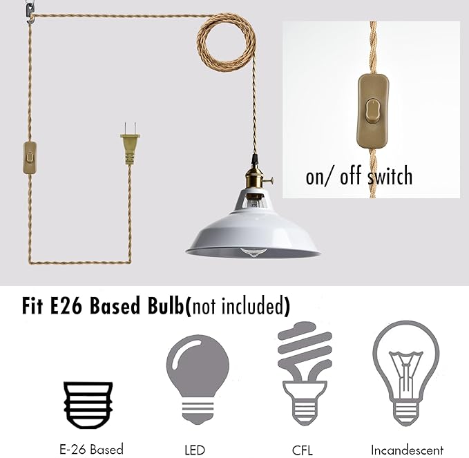 YUBOLE Industrial Swag Hanging Light with Switch Adjustable Height Pendant Lighting with White Metal Barn Shade for Kitchen Foyer Dining