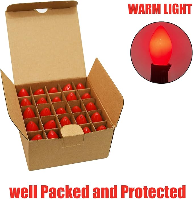 25 Pack Red Bulbs,C7 Red Replacement Spare Incandescent Christmas Light Bulbs,5w Vintage Glass Ceramic Light Bulbs C7/E12 Base for Indoor Outdoor Christmas Valentine String Lights