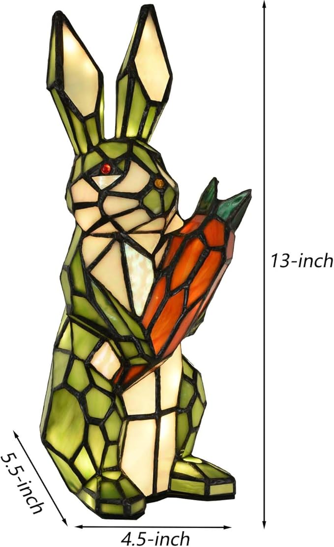 Bieye L10948 Rabbit Holds Carrot Tiffany Style Stained Glass Accent Table Lamp for Home Decor (Green)
