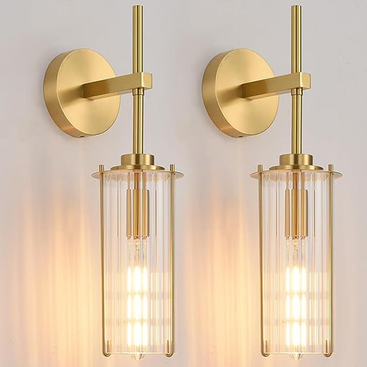 Modern Brass Wall Sconce,18" Gold Wall Sconces Set of Two,Bathroom Vanity Light Fixtures with Vertical Striped Glass Tube,Wall Light for Bedroom,Living Room,Hallway,Staircase,Mirror