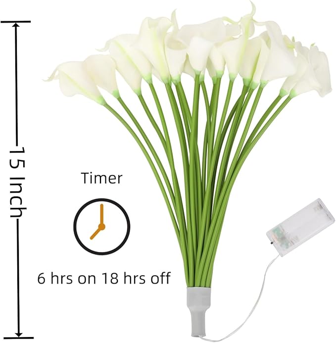 LED Lighted Artificial Flowers Calla Lily Bouquet 20 Stems Real Touch Calla Faux Flower Lights for Valentine's Day Gift and Easter Home Kitchen Wedding Dining Table Decor(White, No Vase)