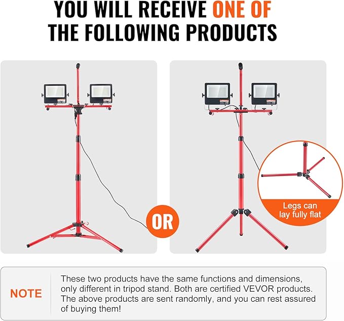 VEVOR LED Work Light with Stand, 20000 Lumen Dual-head LED Work Light with 27.6"-68.1" Adjustable and Foldable Tripod Stand, IP65 Waterproofed LED Tripod Work Light, with 5000 Kelvin Color Temperature