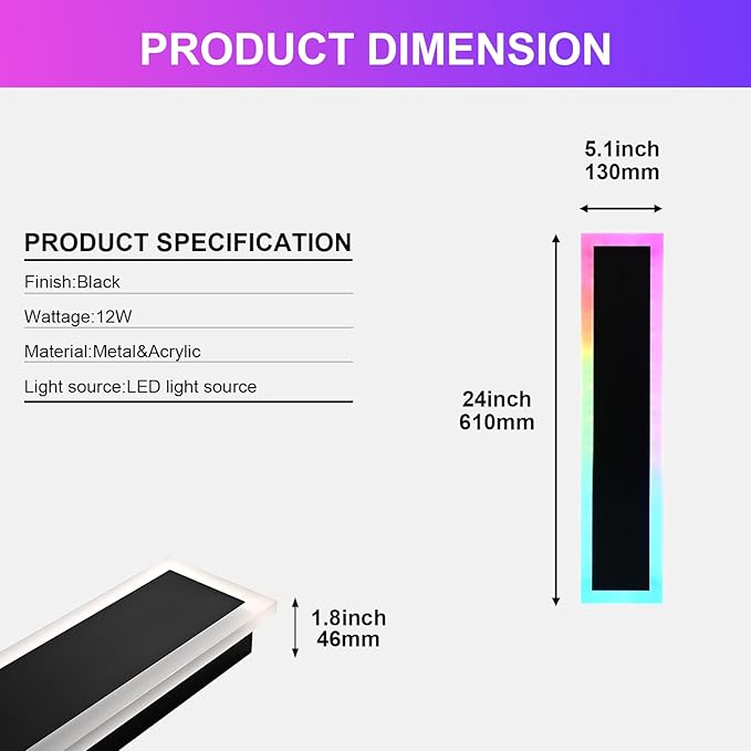 2 Pack RGB LED Outdoor Long Wall Lights,24 inch Modern Outdoor Light Fixture,Dimmable Exterior Linear Lighting Fixtures,RGB Long Linear Wall Light with Control Remote for Patio,Porch,Garage
