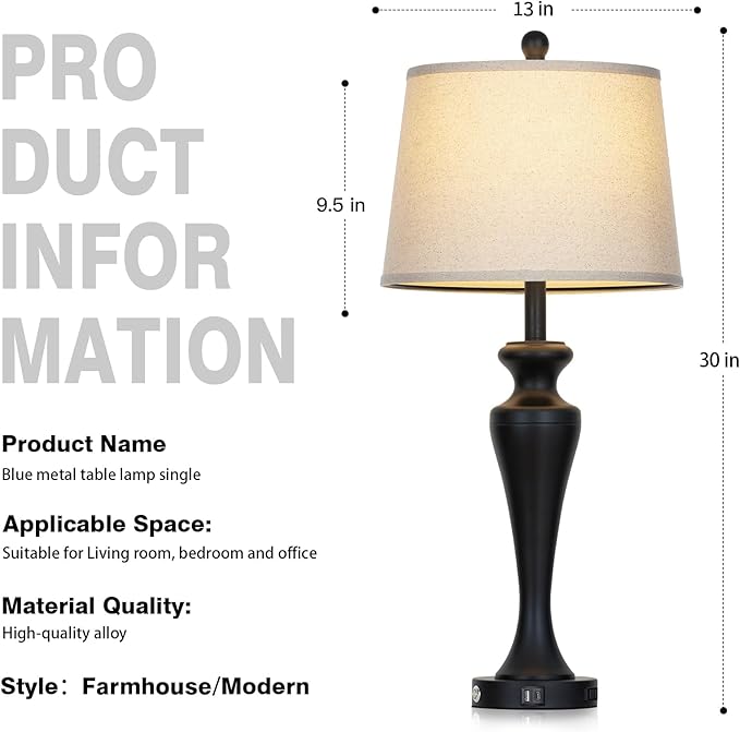 30 Inch Black Table Lamp Single, 3-Way Dimmable Touch Control Living Room Lamps with USB A+C Ports and AC Outlet, Tall Bedside Lamps for Nightstand, Modern Metal Bedroom Lamp, Bulb Included