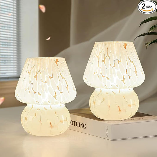 ONEWISH Cute Mushroom Lamp Small Bedside Table Lamp Set of 2 Stepless Dimmable, Translucent Glass White Nightstand Lamp for Bedroom Dorm Kids Room Living Kitchen, Murano Aesthetic Home Decor