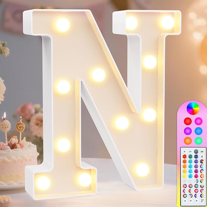 Pooqla Colorful Light Up Letters with Remote, Upgraded 35 Colors LED Marquee Letters, RGB Lighted Letter for Girls Teenager Gift, Birthday, Party, Wedding, Night Light, Room, Bedroom Decor, Letter N