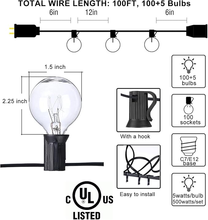 Abeja Outdoor String Light 100 Ft G40 Patio Lights with 105 Edison Glass Bulbs E12 Socket Base (5 Spare) Globe Clear Hanging Lights for Backyard Balcony Deck Party Decor, Not Connectable, Black