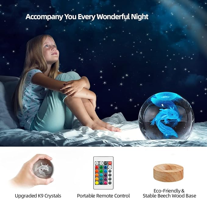 3D Axolotl Crystal Ball Night Light with 16 Color LED Wooden Base, Upgraded 3.15 Inch Axolotl Glass Ball Lamp with Remote Control Cool Desk Decor Gifts for Kids Girls Boys Friends Fans