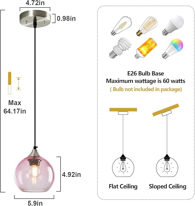 Pink Glass Pendant Lights Kitchen Island Globe Pendant Light Fixtures Modern Pendant Lighting for Bedroom Living Dining Room Light Fixture (5.9 in, 3 Pack)